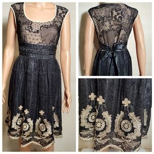 Forwear N.Y. Black Lace Beige Embroidered Dress 8